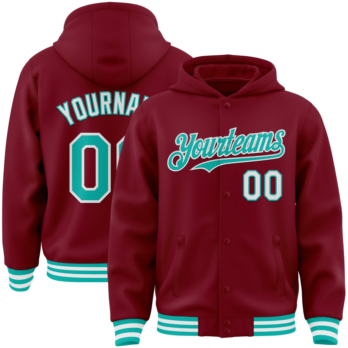 Custom Crimson Aqua-White Bomber Full-Snap Varsity Letterman Hoodie Jacket - Main View