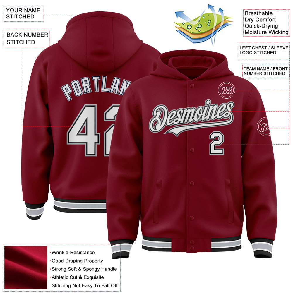 Custom Crimson Black-Gray Bomber Full-Snap Varsity Letterman Hoodie Jacket view 3