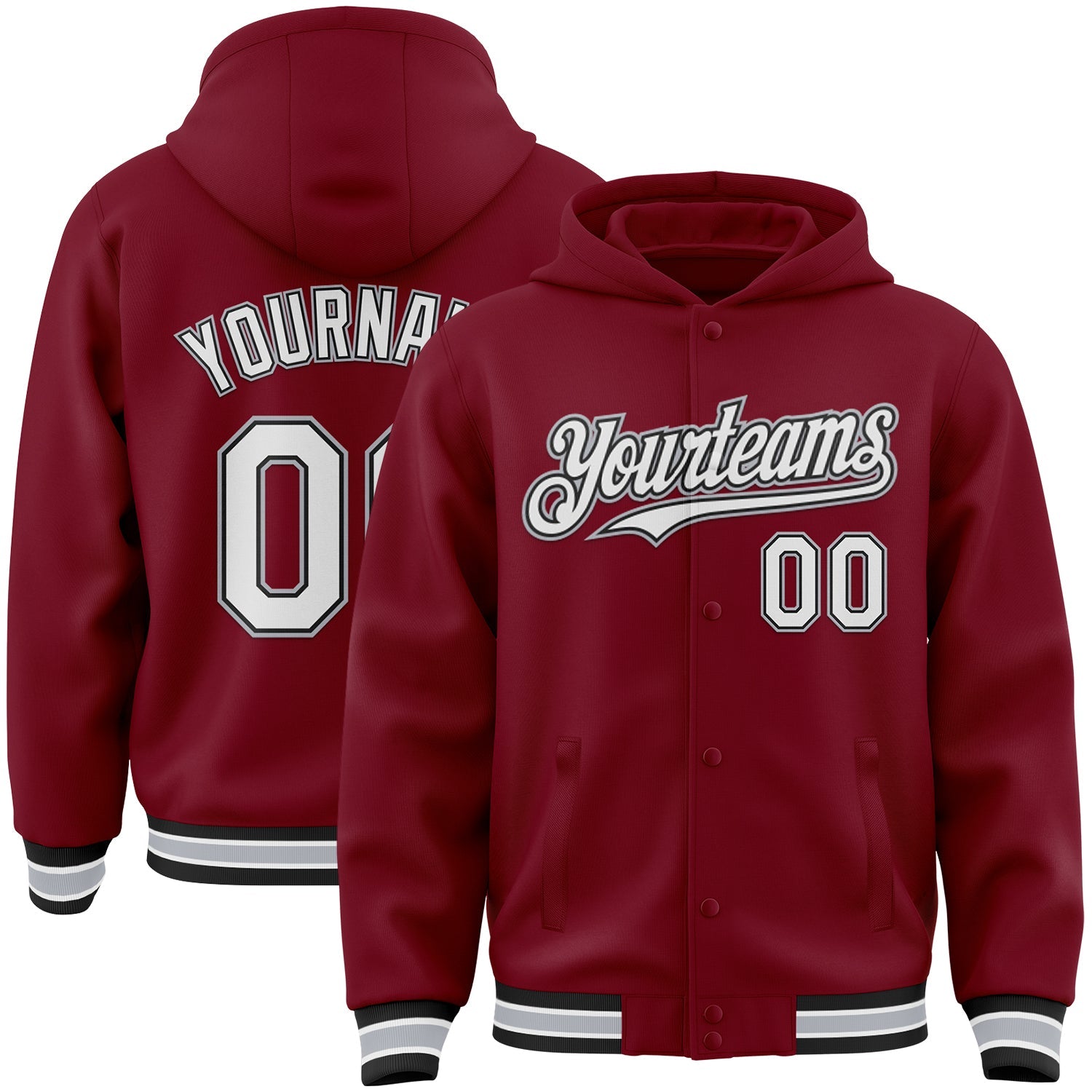 Custom Crimson Black-Gray Bomber Full-Snap Varsity Letterman Hoodie Jacket - Main View