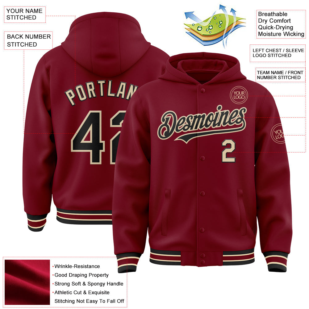 Custom Crimson Black-City Cream Bomber Full-Snap Varsity Letterman Hoodie Jacket view 3