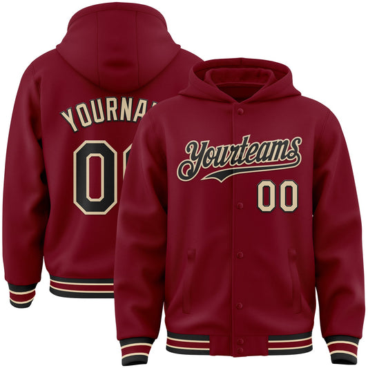 Custom Crimson Black-City Cream Bomber Full-Snap Varsity Letterman Hoodie Jacket - Main View