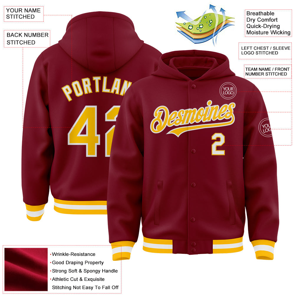 Custom Crimson Gold-White Bomber Full-Snap Varsity Letterman Hoodie Jacket view 3
