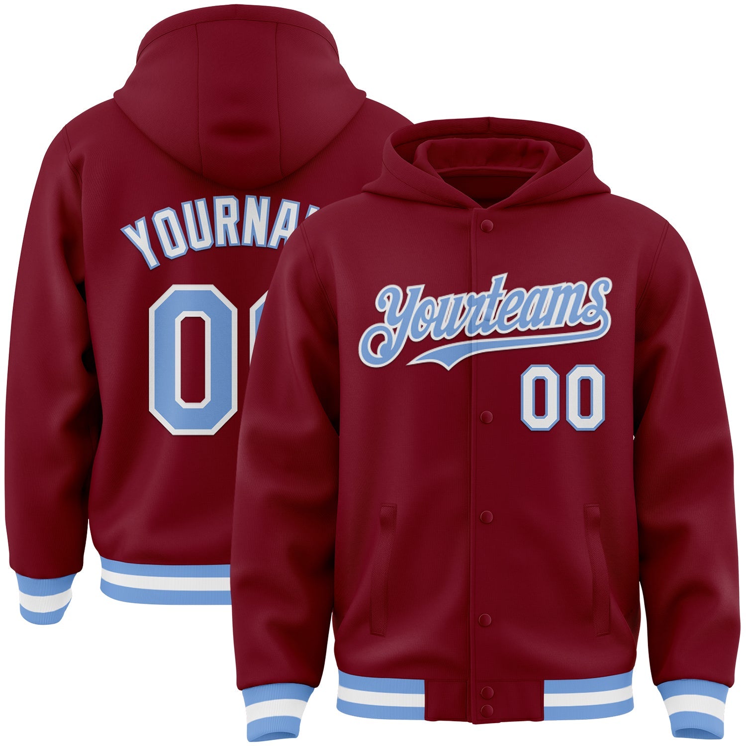 Custom Crimson Light Blue-White Bomber Full-Snap Varsity Letterman Hoodie Jacket - Main View
