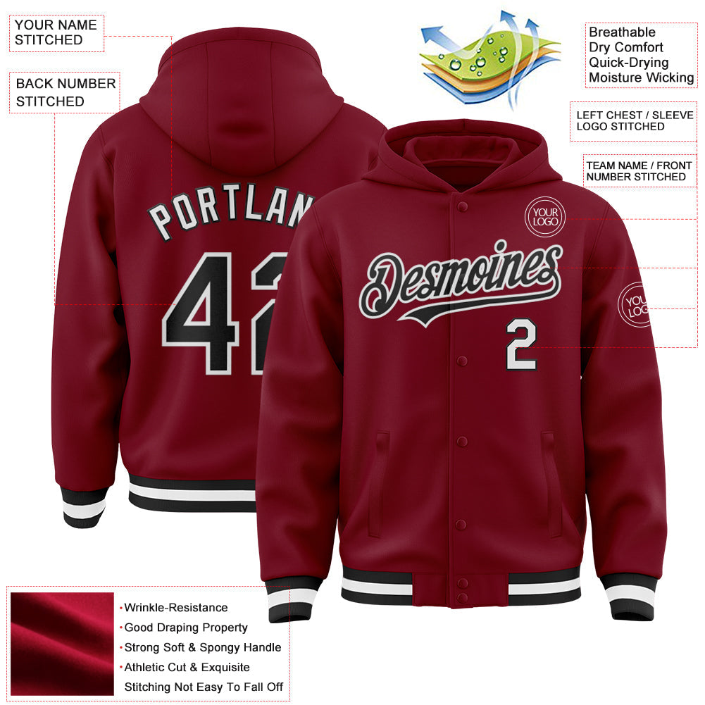 Custom Crimson Black-White Bomber Full-Snap Varsity Letterman Hoodie Jacket view 3