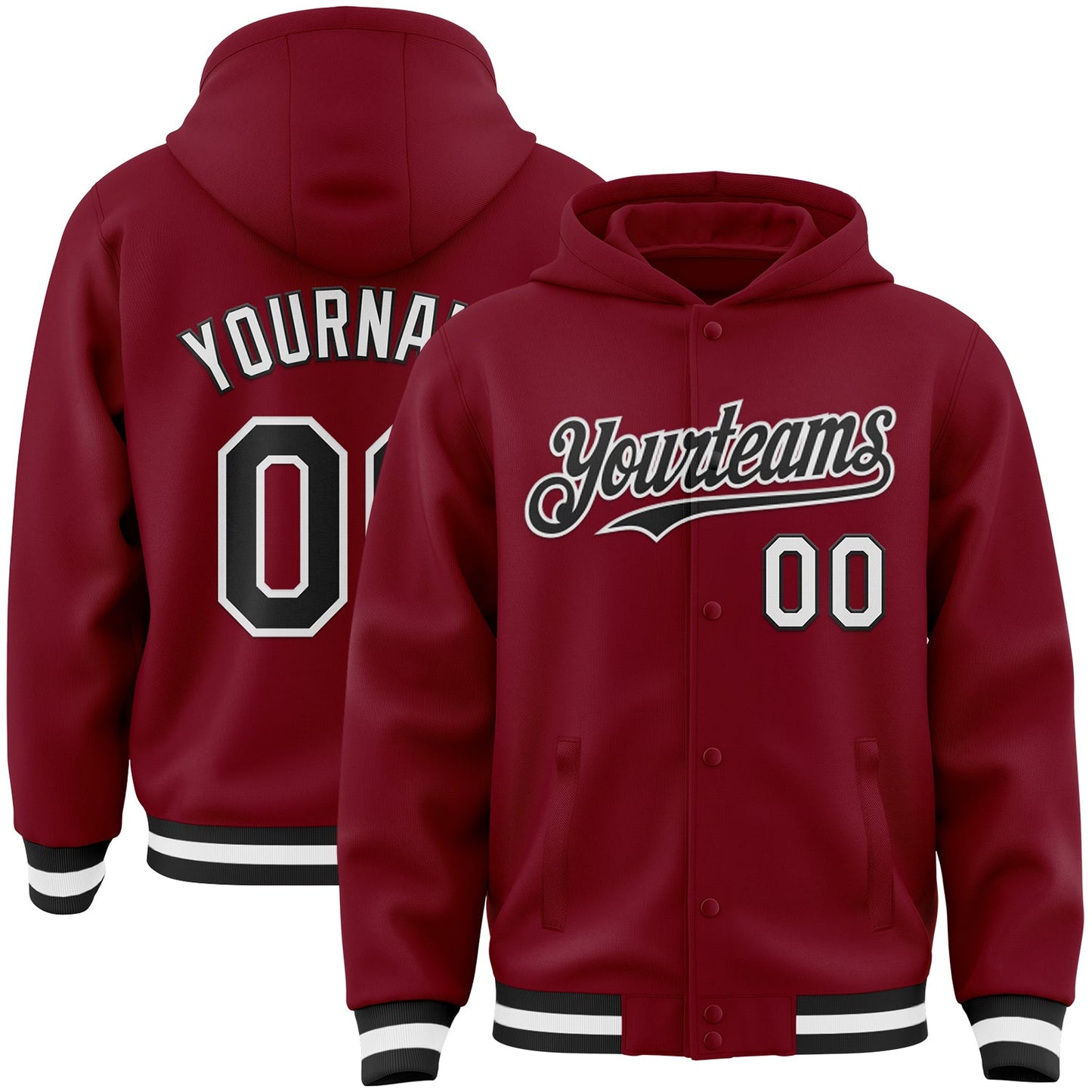 Custom Crimson Black-White Bomber Full-Snap Varsity Letterman Hoodie Jacket - Main View