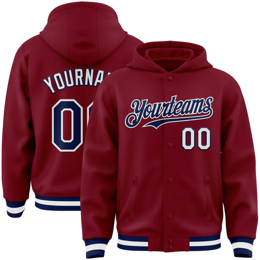 Custom Crimson Navy-White Bomber Full-Snap Varsity Letterman Hoodie Jacket - Main View