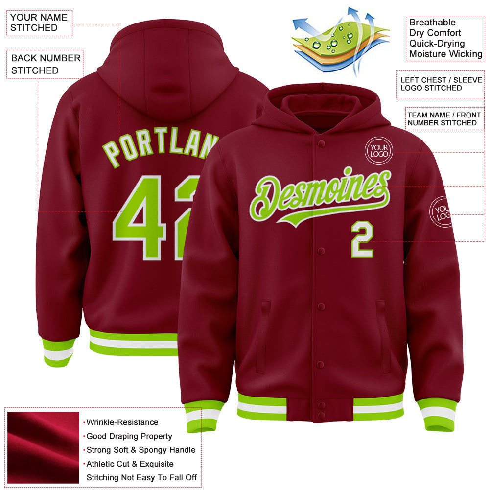 Custom Crimson Neon Green-White Bomber Full-Snap Varsity Letterman Hoodie Jacket view 3