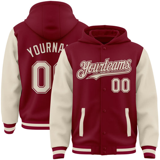 Custom Crimson Cream Bomber Full-Snap Varsity Letterman Two Tone Hoodie Jacket - Main View