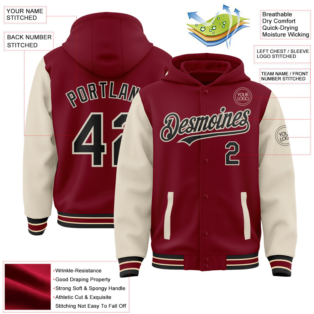 Custom Crimson Black-Cream Bomber Full-Snap Varsity Letterman Two Tone Hoodie Jacket view 3