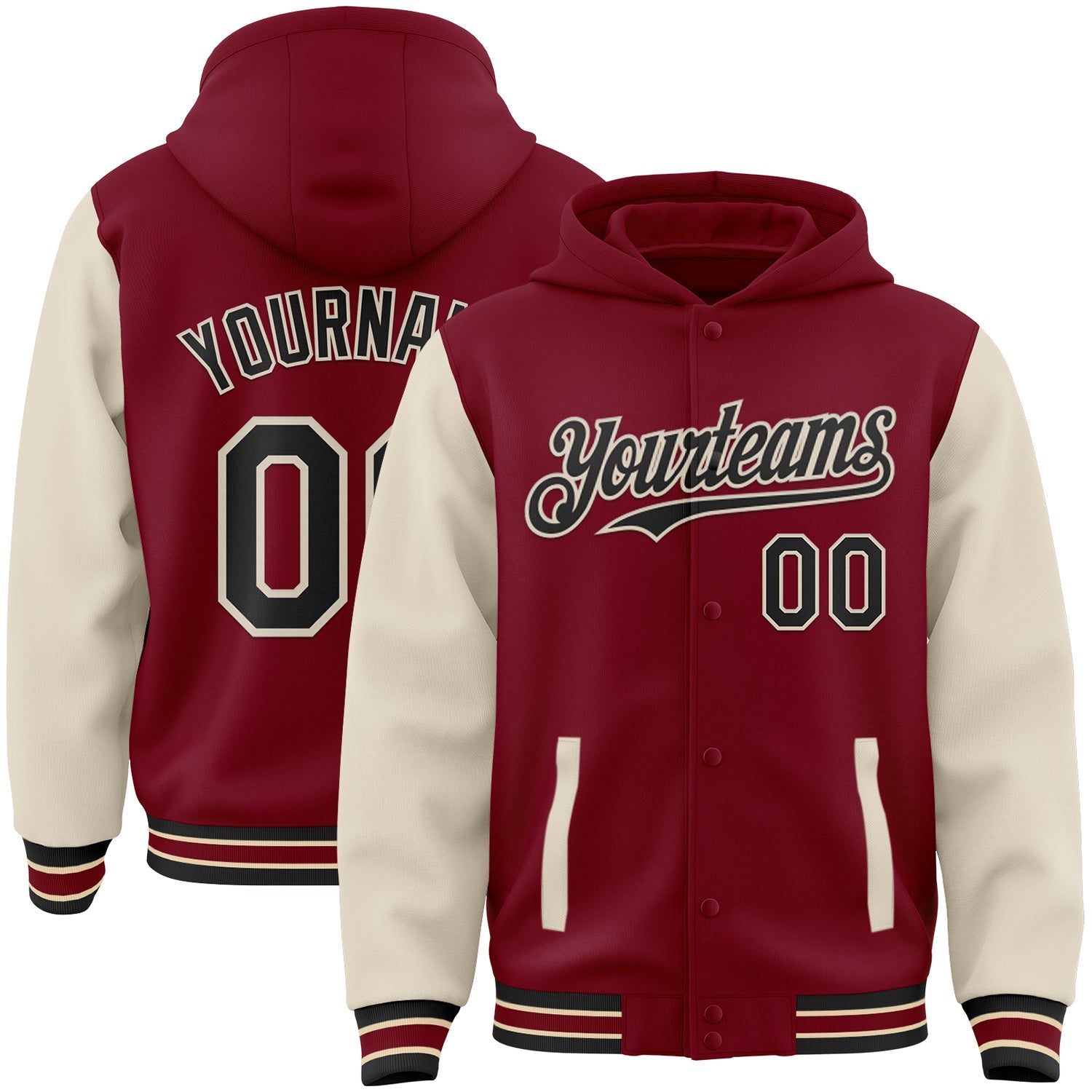 Custom Crimson Black-Cream Bomber Full-Snap Varsity Letterman Two Tone Hoodie Jacket - Main View