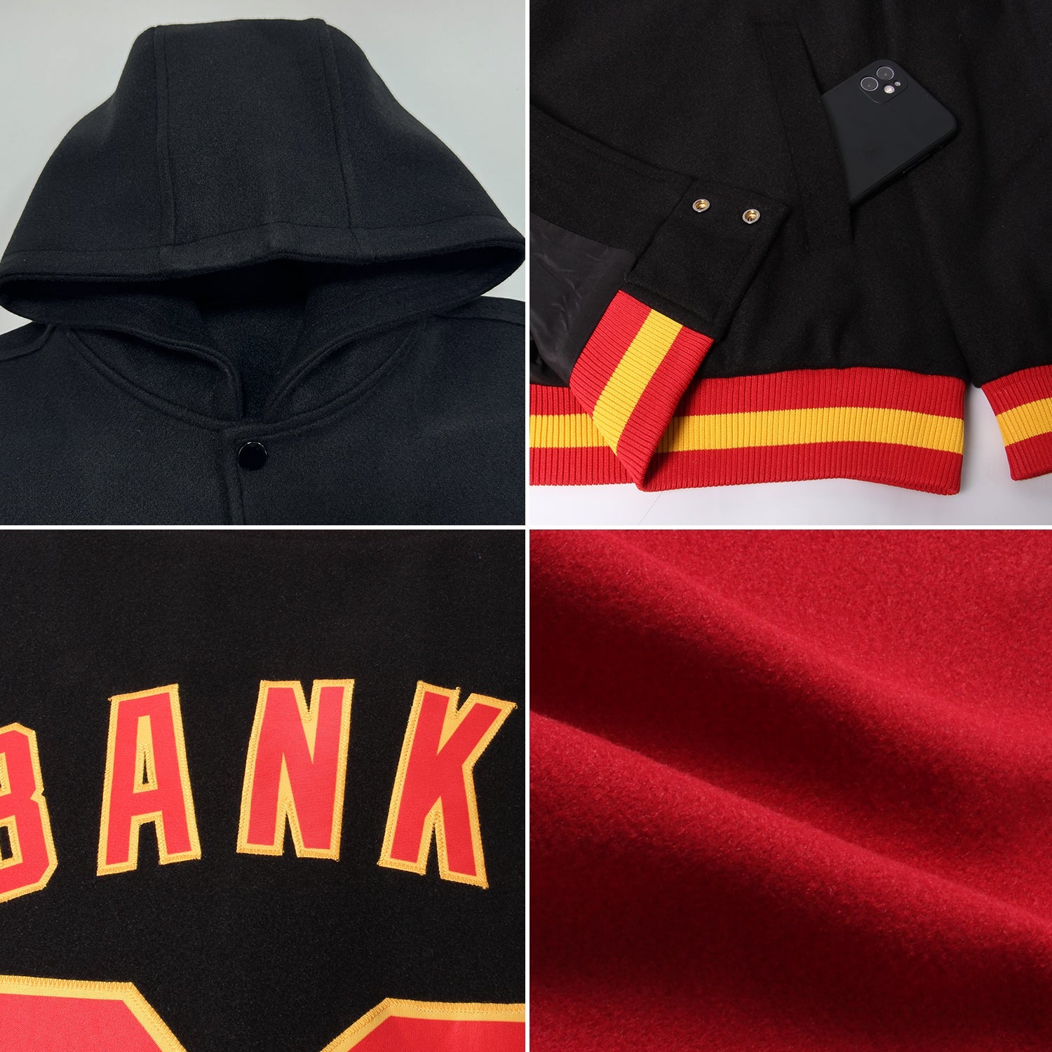 Custom Crimson Black Cream-Gold Bomber Full-Snap Varsity Letterman Two Tone Hoodie Jacket view 2