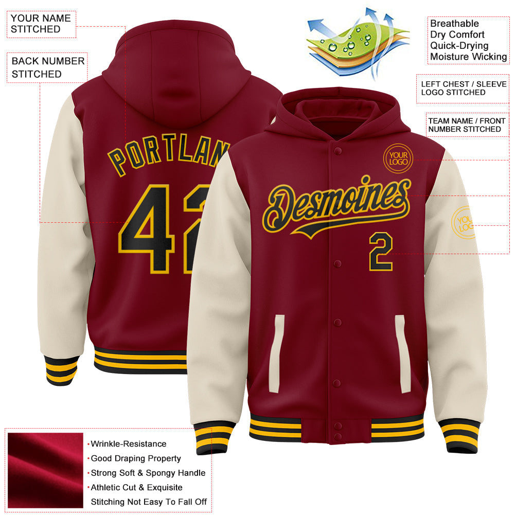 Custom Crimson Black Cream-Gold Bomber Full-Snap Varsity Letterman Two Tone Hoodie Jacket view 3