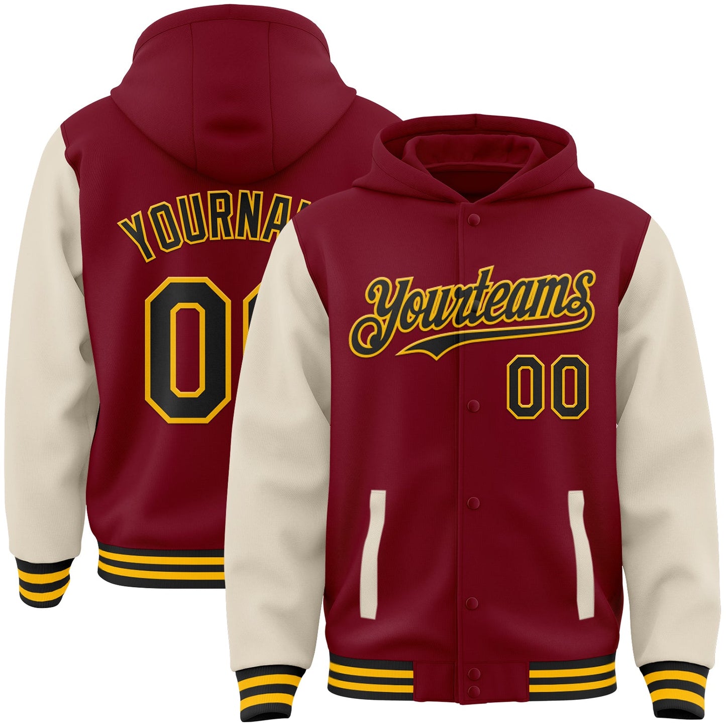 Custom Crimson Black Cream-Gold Bomber Full-Snap Varsity Letterman Two Tone Hoodie Jacket - Main View