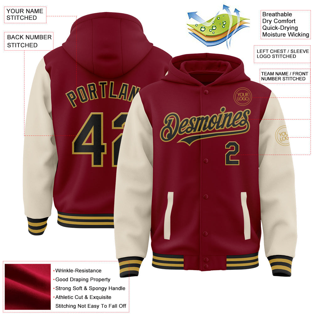 Custom Crimson Black Cream-Old Gold Bomber Full-Snap Varsity Letterman Two Tone Hoodie Jacket view 3