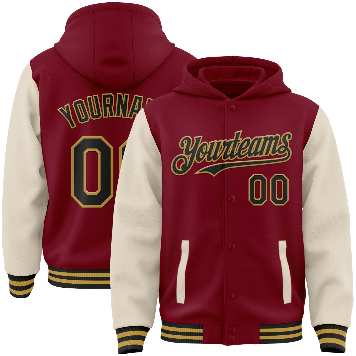 Custom Crimson Black Cream-Old Gold Bomber Full-Snap Varsity Letterman Two Tone Hoodie Jacket - Main View