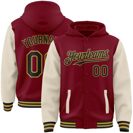 Custom Crimson Black Cream-Old Gold Bomber Full-Snap Varsity Letterman Two Tone Hoodie Jacket - Main View