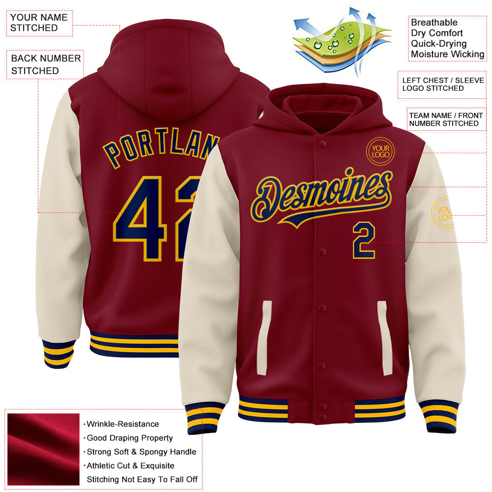 Custom Crimson Navy Cream-Gold Bomber Full-Snap Varsity Letterman Two Tone Hoodie Jacket view 3