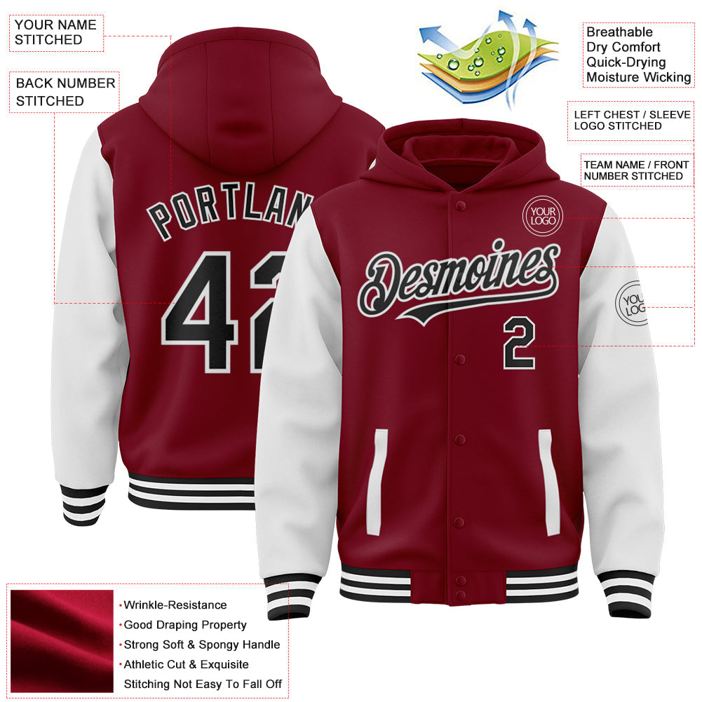 Custom Crimson Black-White Bomber Full-Snap Varsity Letterman Two Tone Hoodie Jacket view 3
