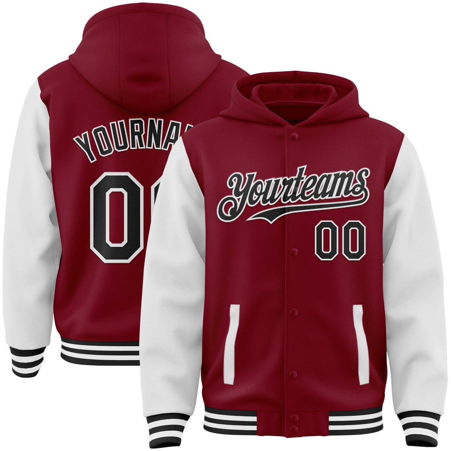 Custom Crimson Black-White Bomber Full-Snap Varsity Letterman Two Tone Hoodie Jacket - Main View