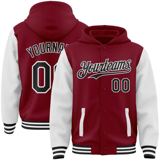 Custom Crimson Black-White Bomber Full-Snap Varsity Letterman Two Tone Hoodie Jacket - Main View