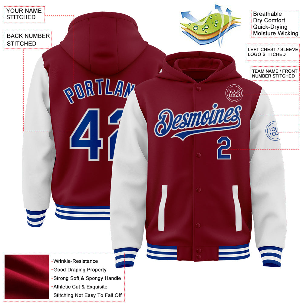 Custom Crimson Royal-White Bomber Full-Snap Varsity Letterman Two Tone Hoodie Jacket view 3
