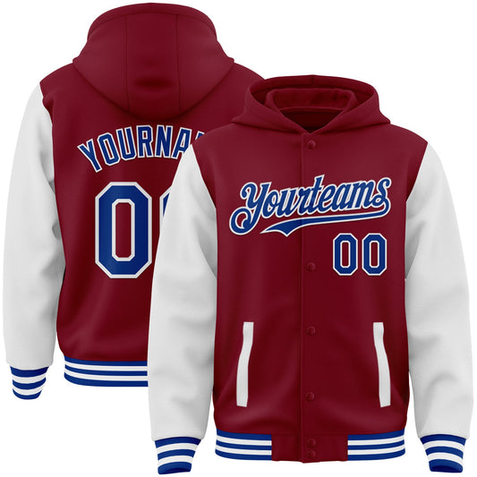Custom Crimson Royal-White Bomber Full-Snap Varsity Letterman Two Tone Hoodie Jacket - Main View