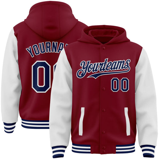 Custom Crimson Navy-White Bomber Full-Snap Varsity Letterman Two Tone Hoodie Jacket - Main View