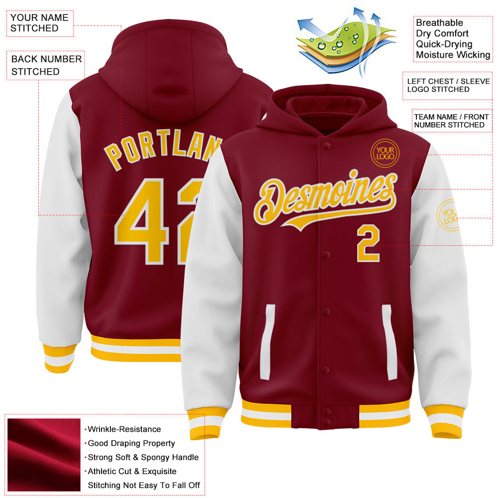 Custom Crimson Gold-White Bomber Full-Snap Varsity Letterman Two Tone Hoodie Jacket view 3