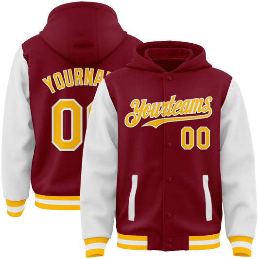 Custom Crimson Gold-White Bomber Full-Snap Varsity Letterman Two Tone Hoodie Jacket - Main View