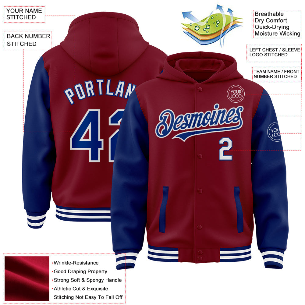 Custom Crimson Royal-White Bomber Full-Snap Varsity Letterman Two Tone Hoodie Jacket view 3
