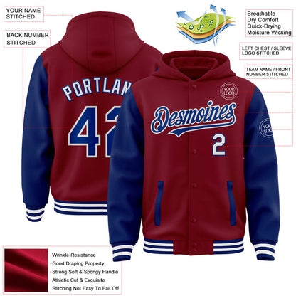 Custom Crimson Royal-White Bomber Full-Snap Varsity Letterman Two Tone Hoodie Jacket view 3