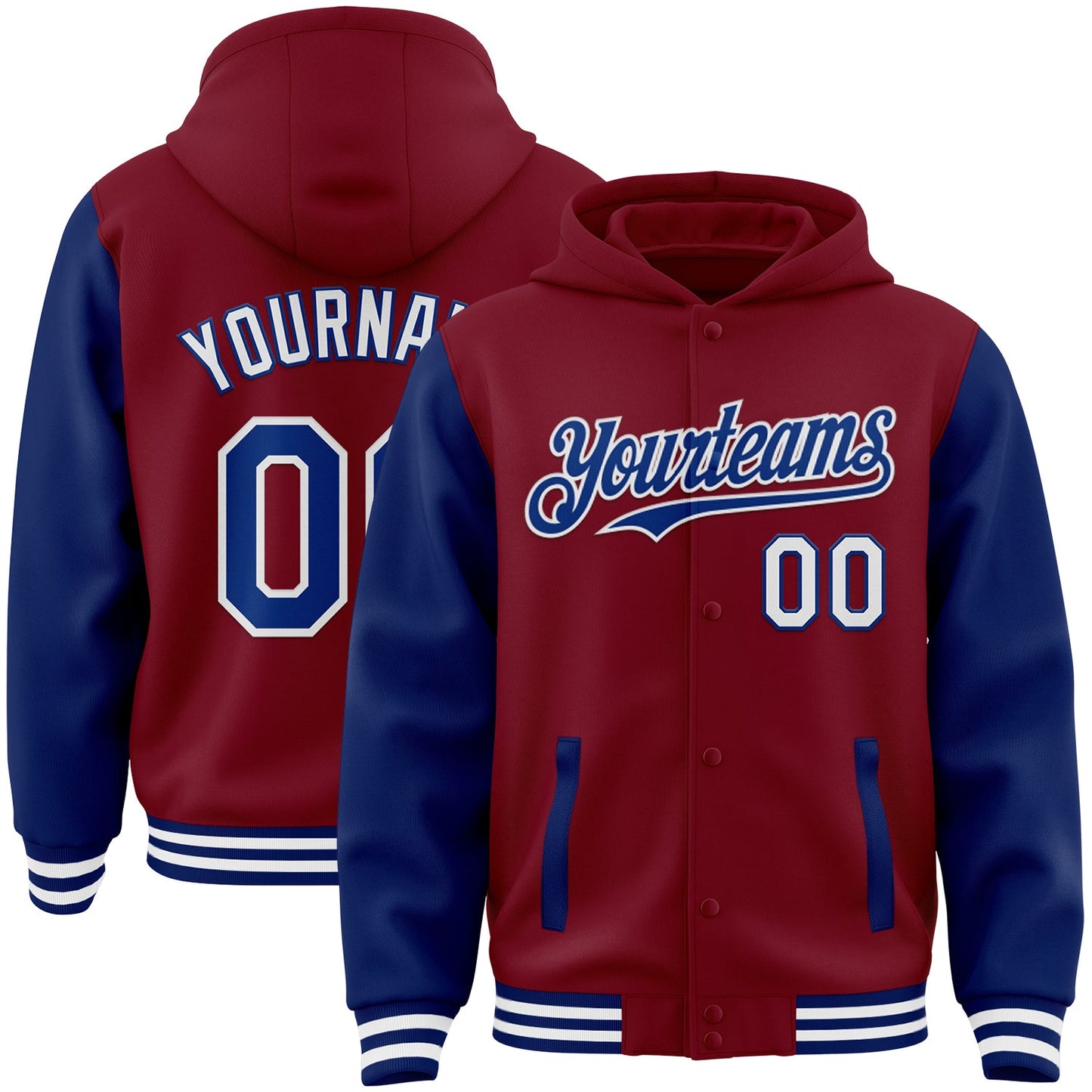 Custom Crimson Royal-White Bomber Full-Snap Varsity Letterman Two Tone Hoodie Jacket - Main View