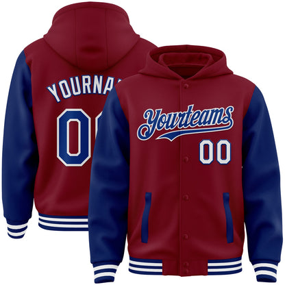 Custom Crimson Royal-White Bomber Full-Snap Varsity Letterman Two Tone Hoodie Jacket - Main View