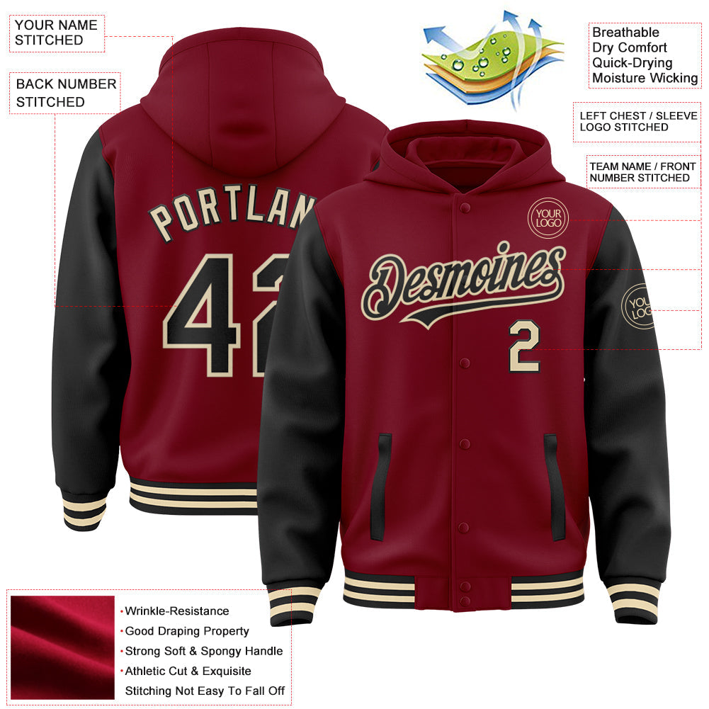 Custom Crimson Black-Cream Bomber Full-Snap Varsity Letterman Two Tone Hoodie Jacket view 3