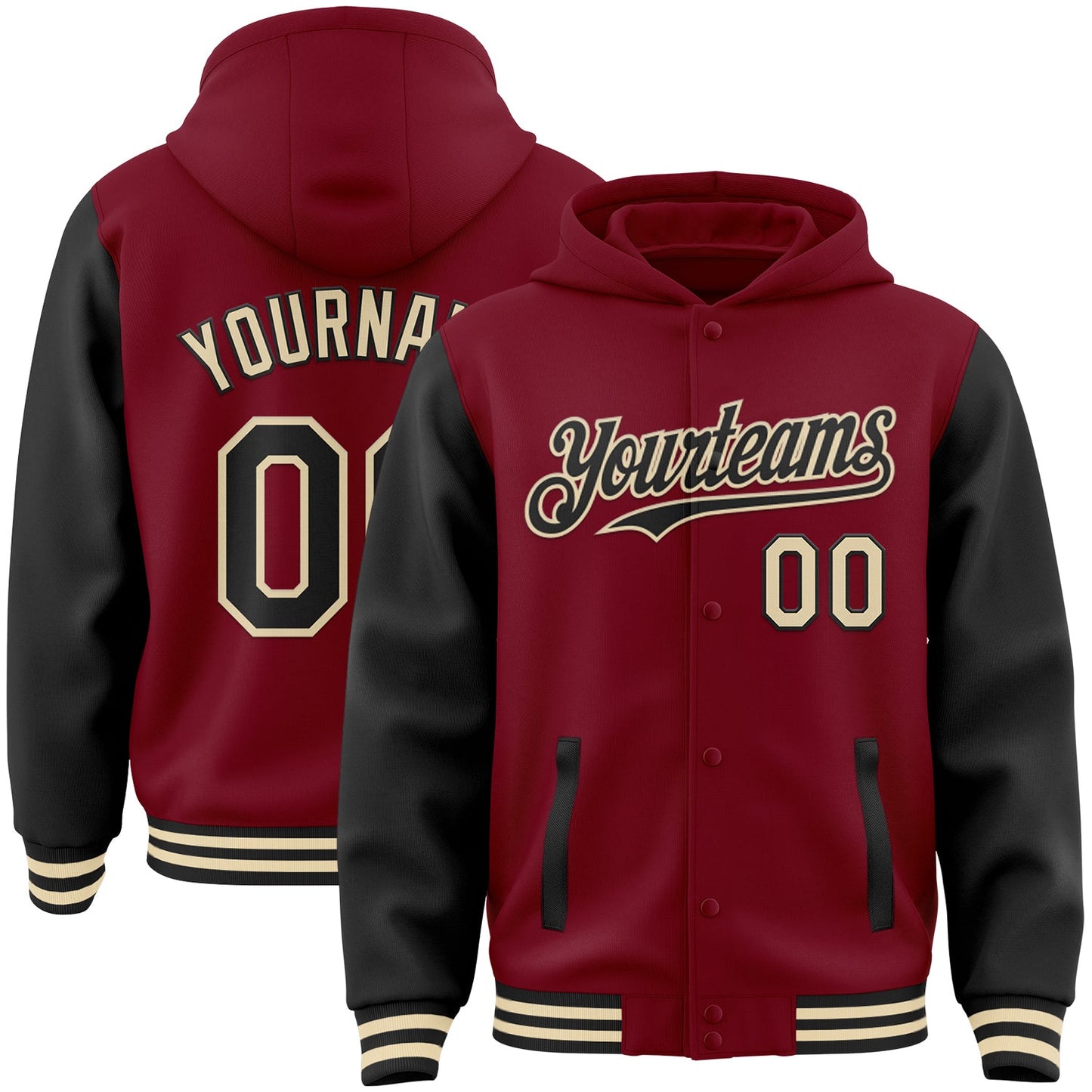 Custom Crimson Black-Cream Bomber Full-Snap Varsity Letterman Two Tone Hoodie Jacket - Main View