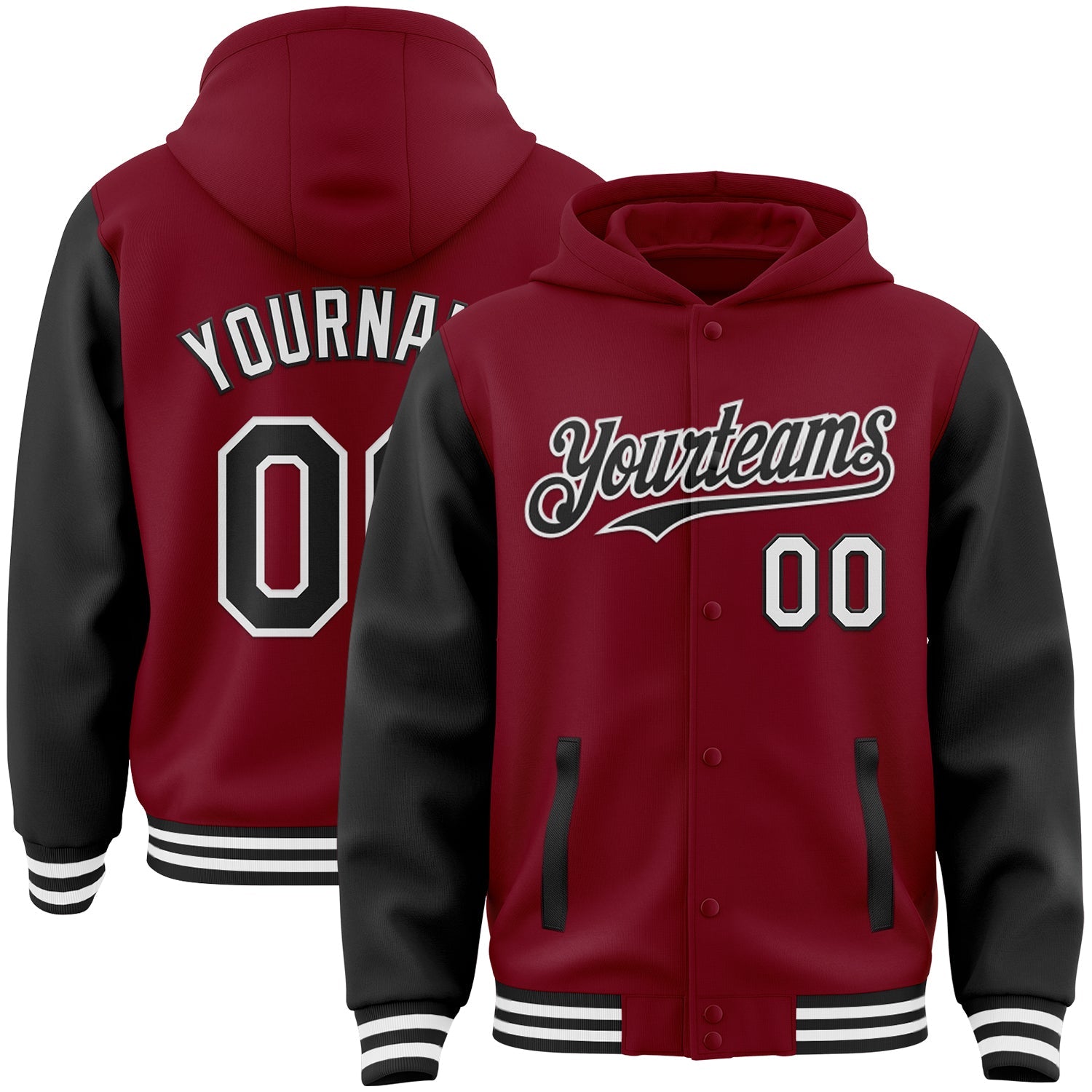 Custom Crimson Black-White Bomber Full-Snap Varsity Letterman Two Tone Hoodie Jacket - Main View