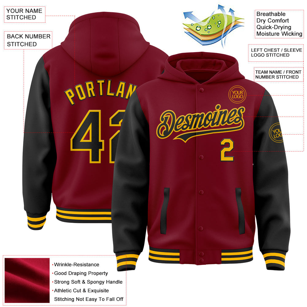 Custom Crimson Black-Gold Bomber Full-Snap Varsity Letterman Two Tone Hoodie Jacket view 3