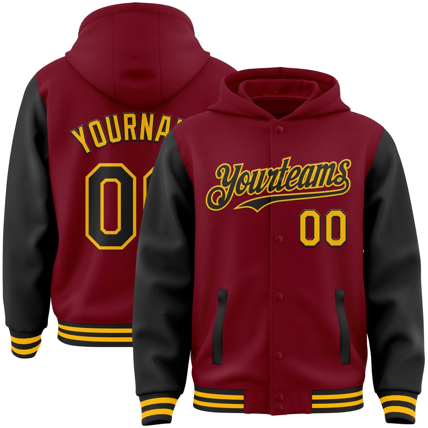 Custom Crimson Black-Gold Bomber Full-Snap Varsity Letterman Two Tone Hoodie Jacket - Main View