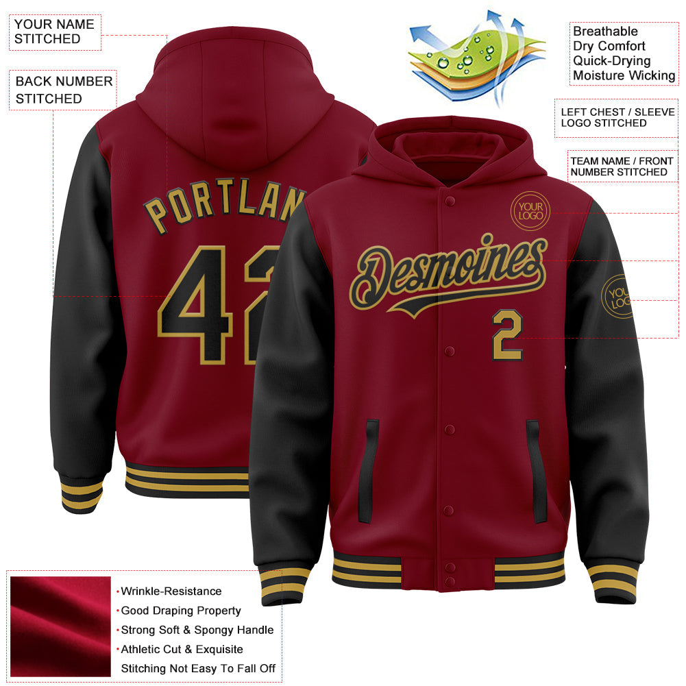 Custom Crimson Black-Old Gold Bomber Full-Snap Varsity Letterman Two Tone Hoodie Jacket view 3
