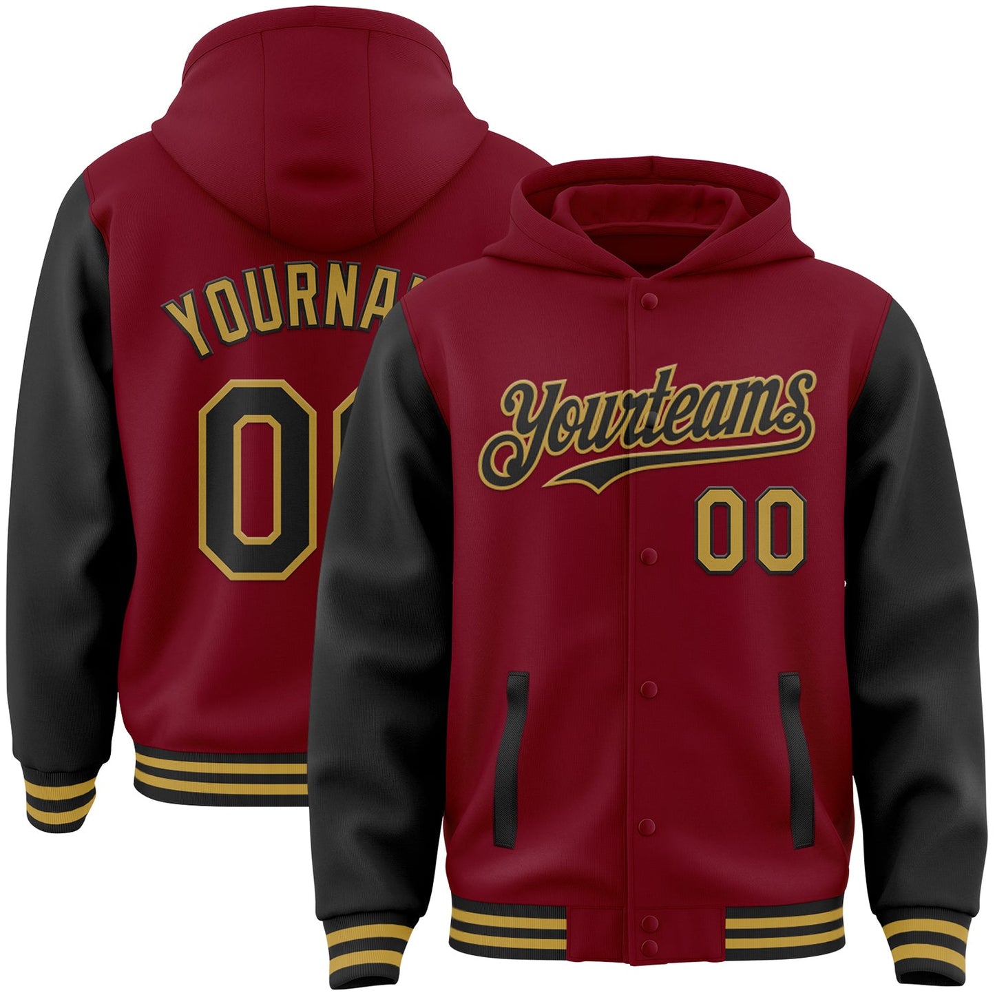 Custom Crimson Black-Old Gold Bomber Full-Snap Varsity Letterman Two Tone Hoodie Jacket - Main View
