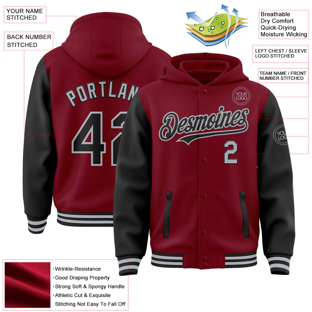 Custom Crimson Black-Gray Bomber Full-Snap Varsity Letterman Two Tone Hoodie Jacket view 3