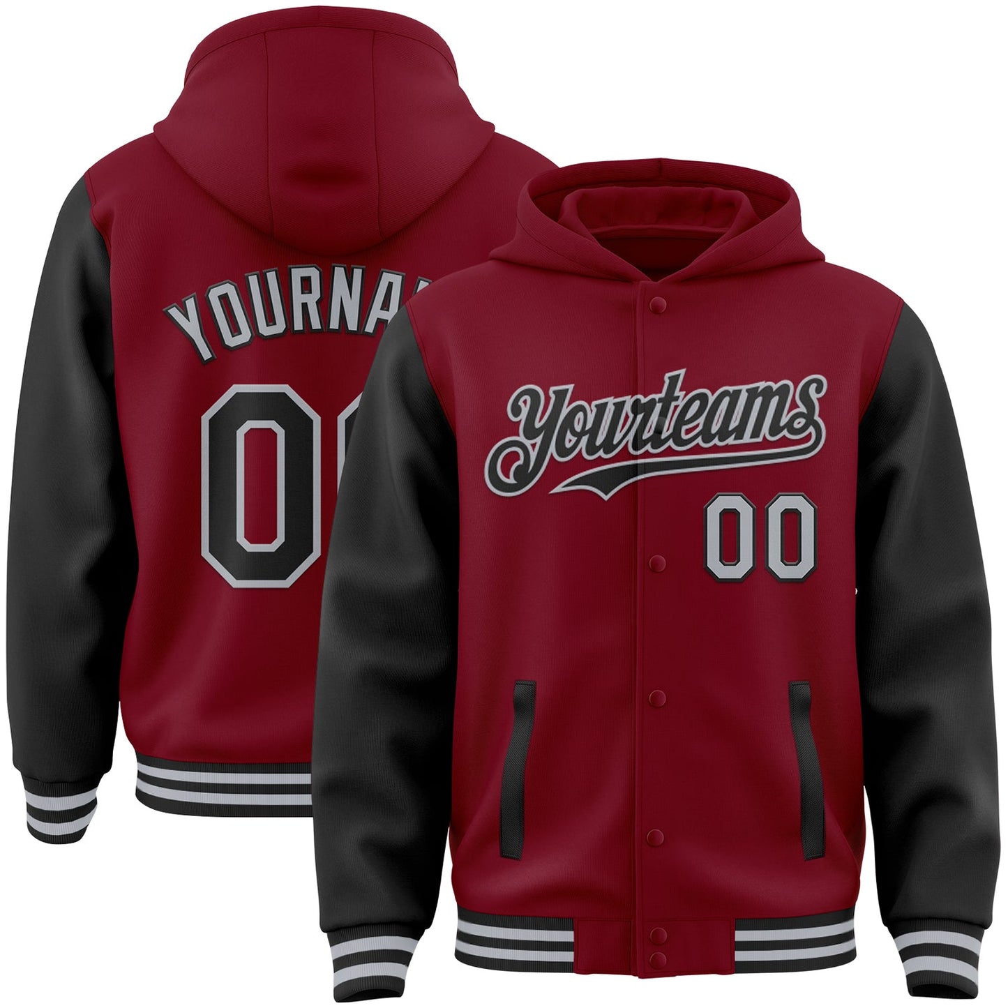 Custom Crimson Black-Gray Bomber Full-Snap Varsity Letterman Two Tone Hoodie Jacket - Main View