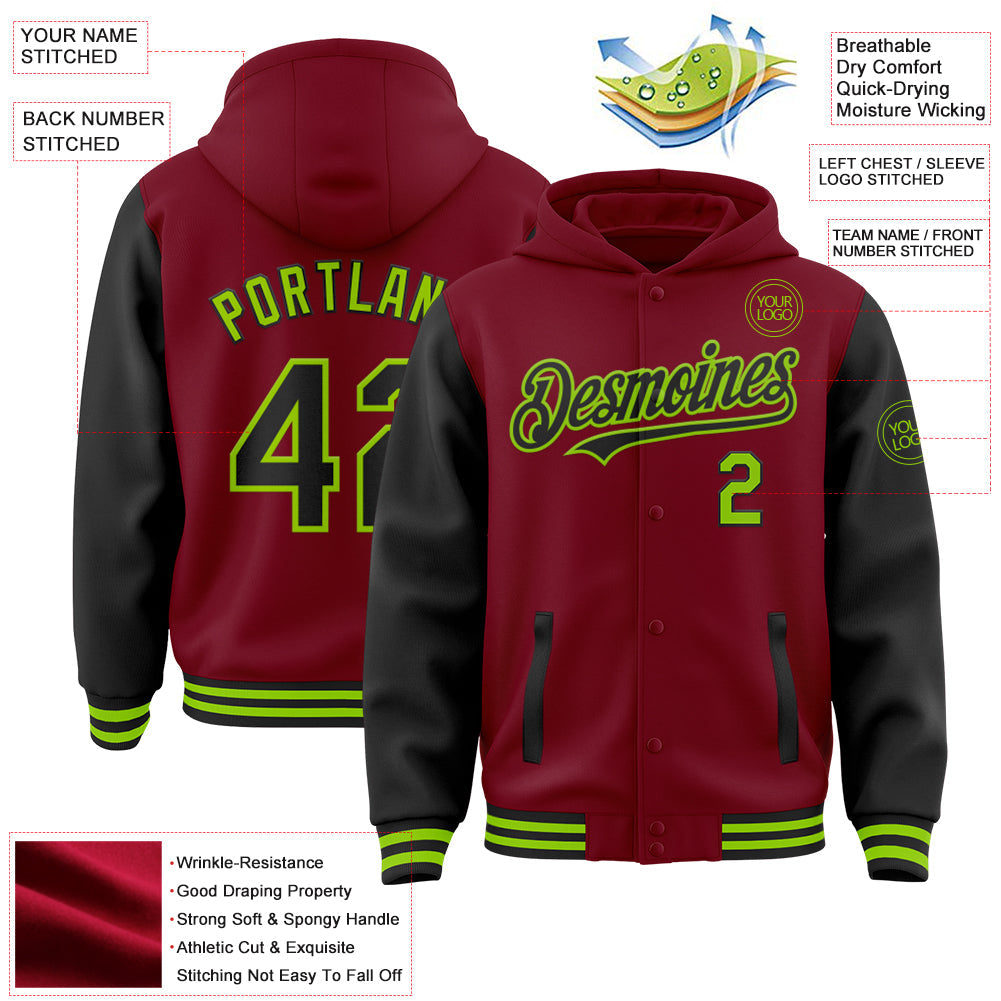 Custom Crimson Black-Neon Green Bomber Full-Snap Varsity Letterman Two Tone Hoodie Jacket view 3