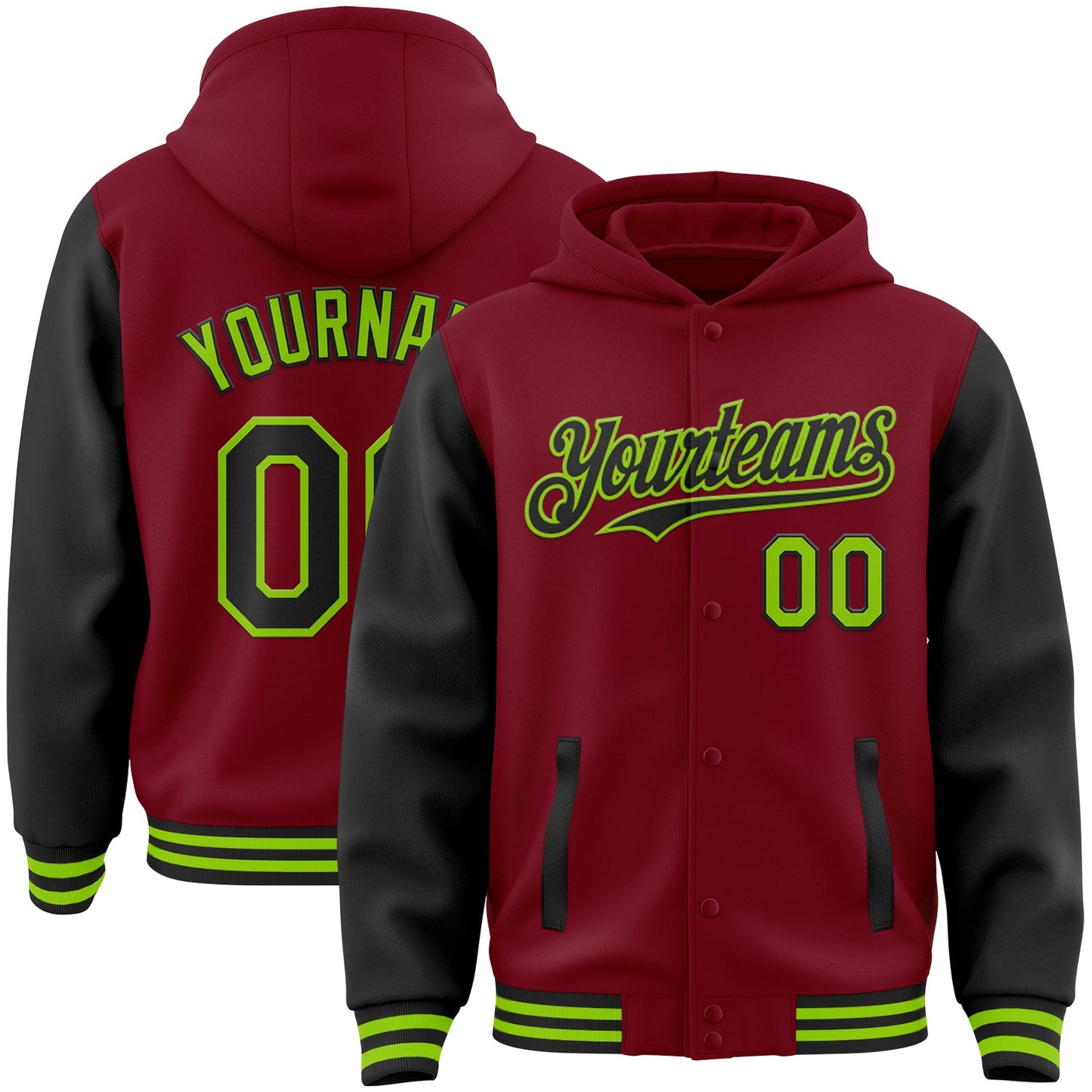 Custom Crimson Black-Neon Green Bomber Full-Snap Varsity Letterman Two Tone Hoodie Jacket - Main View