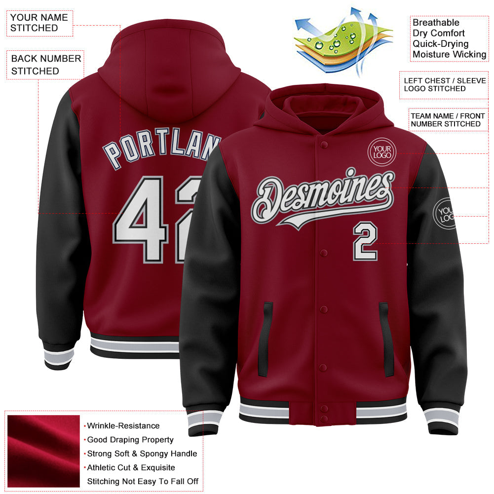 Custom Crimson Black-Gray Bomber Full-Snap Varsity Letterman Two Tone Hoodie Jacket view 3