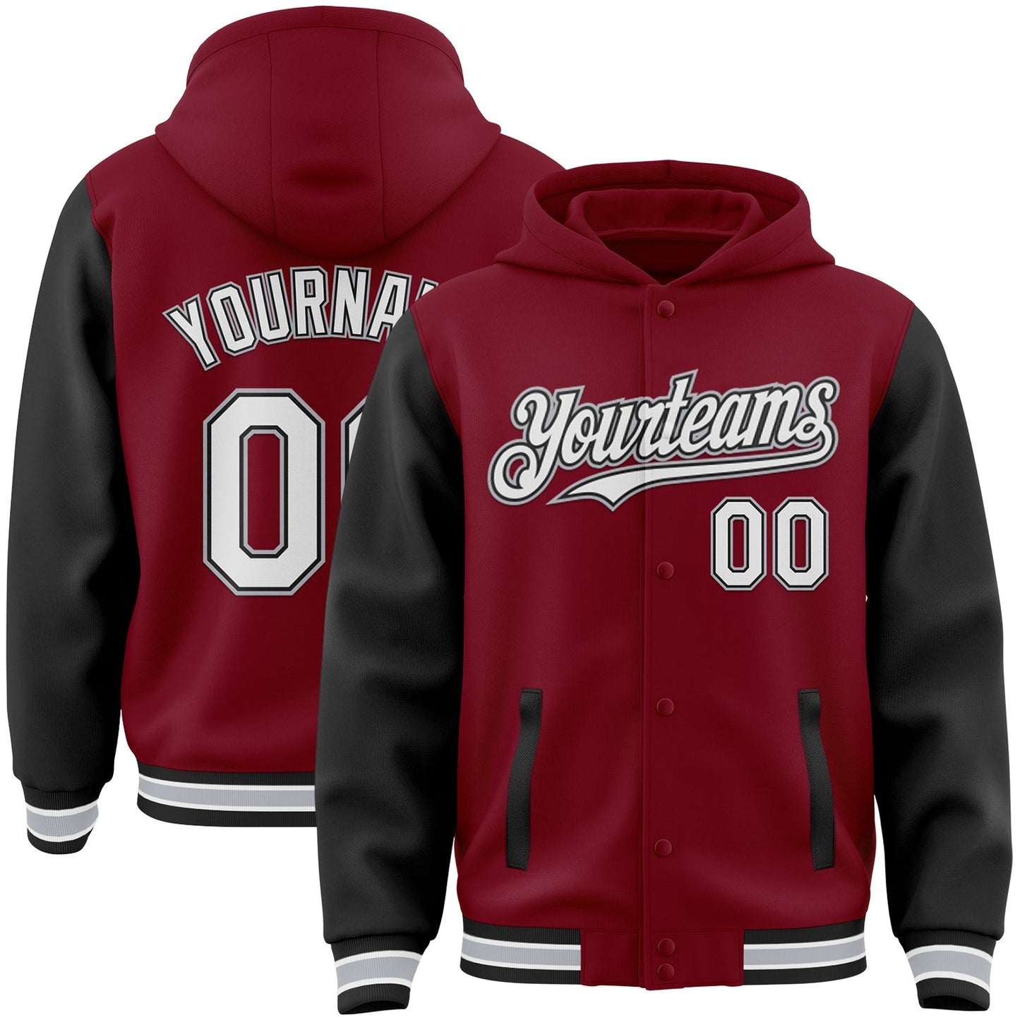 Custom Crimson Black-Gray Bomber Full-Snap Varsity Letterman Two Tone Hoodie Jacket - Main View