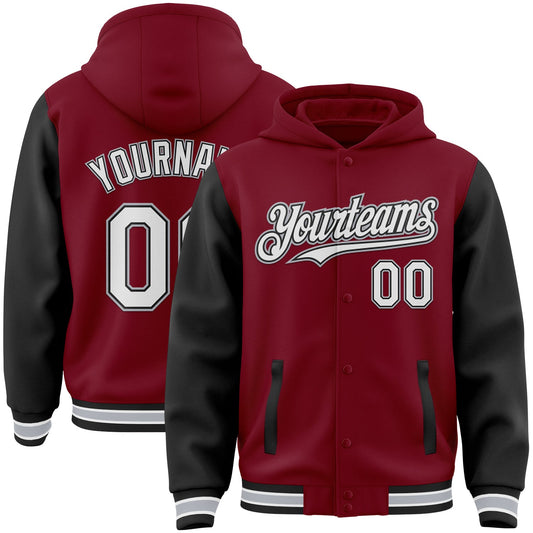 Custom Crimson Black-Gray Bomber Full-Snap Varsity Letterman Two Tone Hoodie Jacket - Main View
