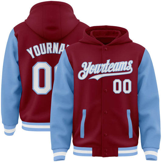Custom Crimson White-Light Blue Bomber Full-Snap Varsity Letterman Two Tone Hoodie Jacket - Main View
