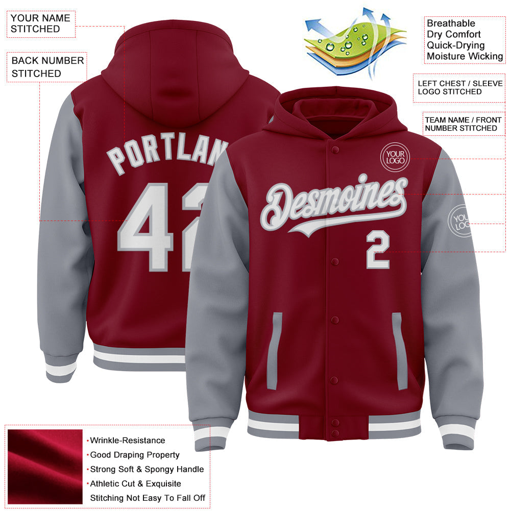 Custom Crimson White-Gray Bomber Full-Snap Varsity Letterman Two Tone Hoodie Jacket view 3