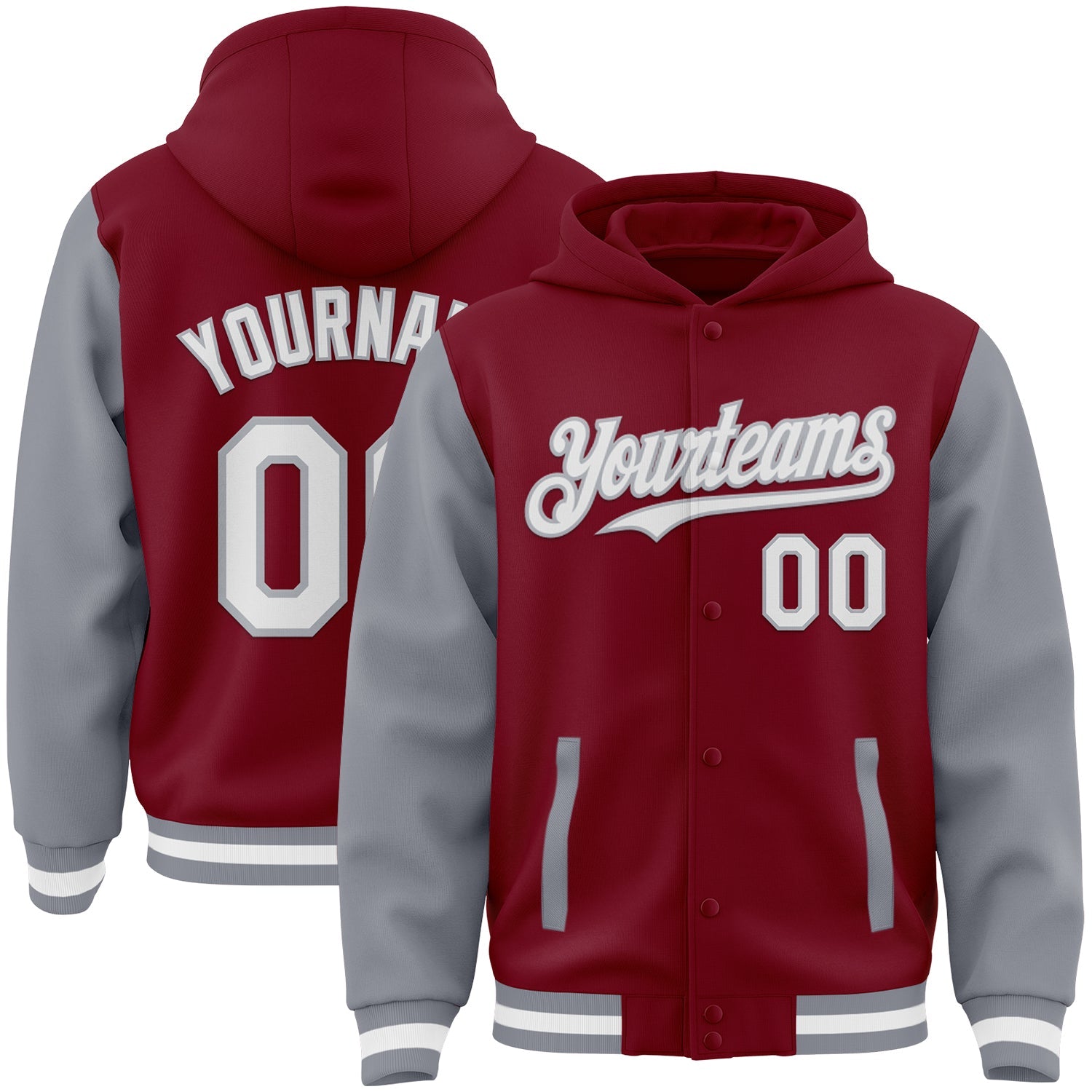 Custom Crimson White-Gray Bomber Full-Snap Varsity Letterman Two Tone Hoodie Jacket - Main View